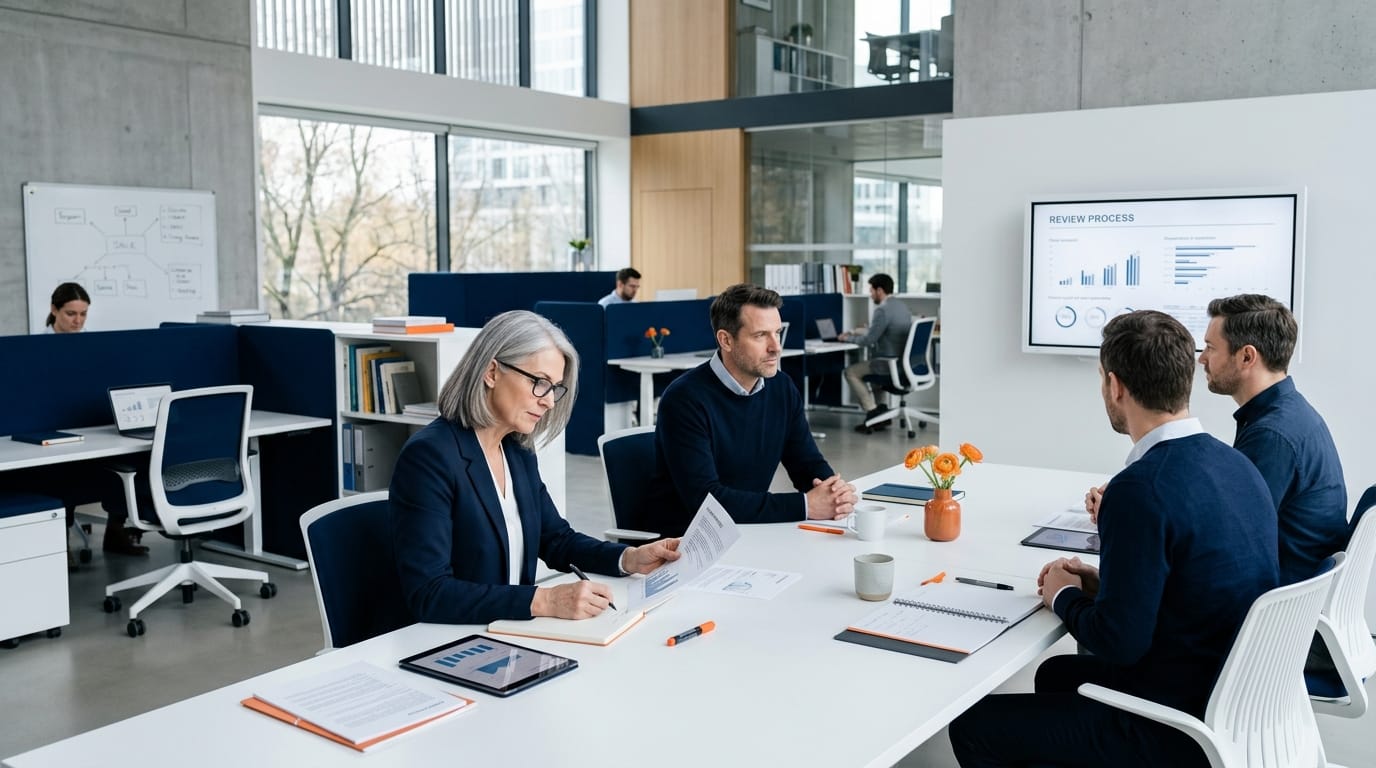 Open space office, navy and orange editorial photo